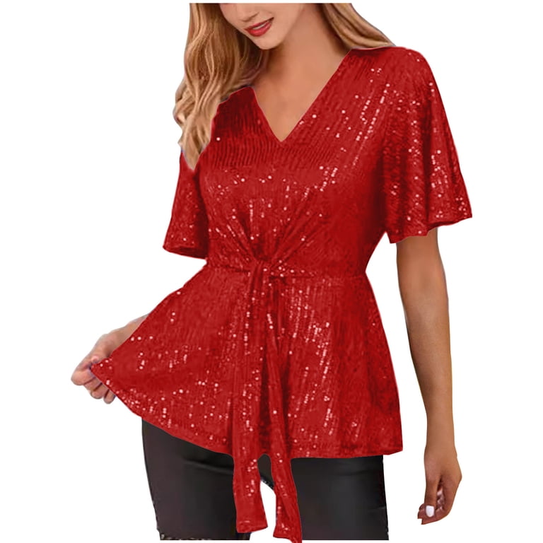 womens holiday dress tops GigrtiJin Sequin for Women Short Sleeve Sparkly Dressy Tops Wrap Blouse Party Club Shirt V Neck Tops Tops V-BACK