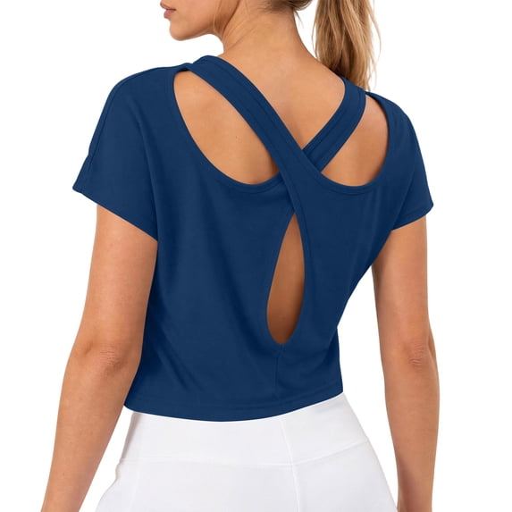 GigrtiJin Short Sleeve T Shirts for Women Athletic Workout Backless T Shirts Stretch Casual Cropped Running Gym T Shirts