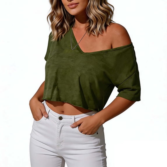 GigrtiJin Short Sleeve T Shirts for Womens Summer Trendy Crop V Neck Tees Womens Loose Casual Solid Color Outdoor T Shirts