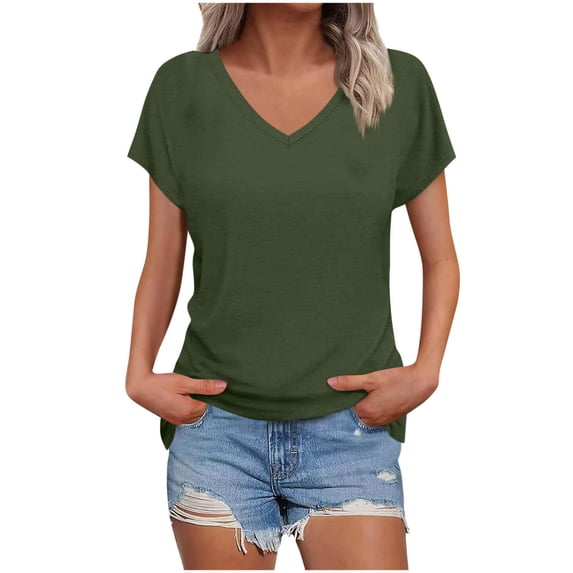 GigrtiJin Short Sleeve T Shirts for Womens Trendy Casual Loose V Neck Tees Pull On Solid Color Comfortable Going Out T Shirts
