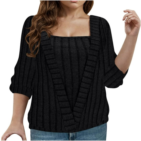 GigrtiJin Square Neck Blouses for Women Fake Two Piece Long Sleeve Sweaters Spring Trendy Solid Color Tops Clothes