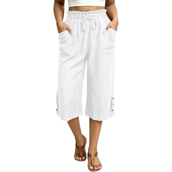 GigrtiJin Straight Leg Capris Pants for Women High Waisted Drawstring Capris Casual Loose Capris Beach Vacation with Pockets