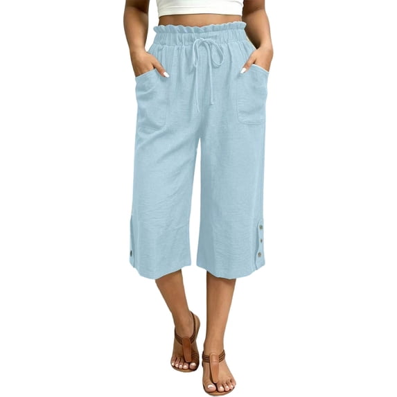 GigrtiJin Straight Leg Capris Pants for Women High Waisted Drawstring Capris Casual Loose Capris Beach Vacation with Pockets