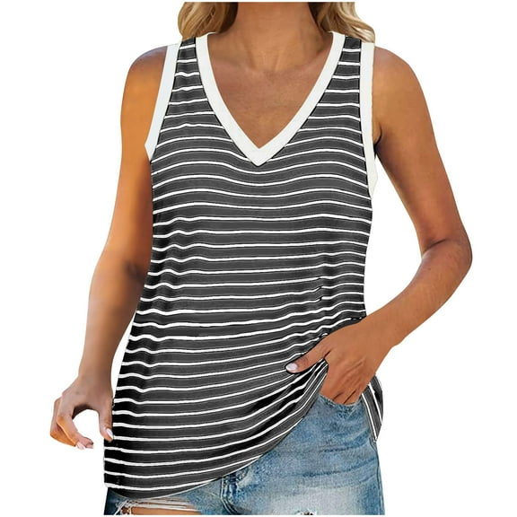GigrtiJin Striped Tank Top for Women V Neck Sleeveless Tees Shirts Oversized Loose Vest Casual Trendy Going out Camisole
