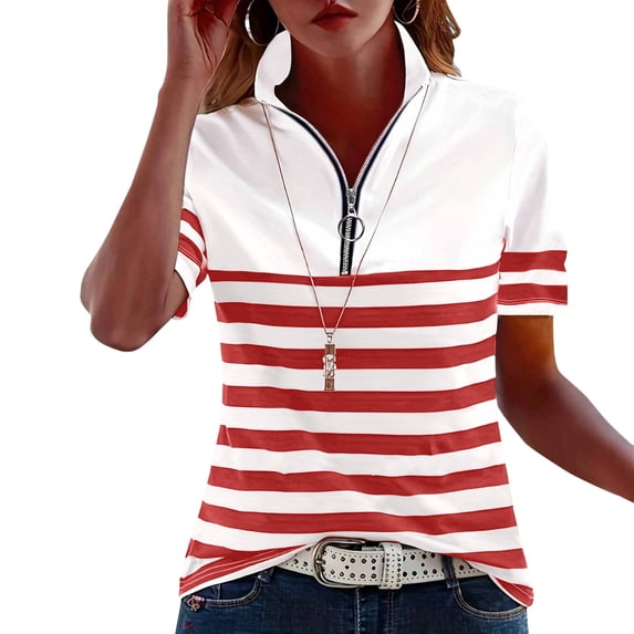 GigrtiJin Summer Collared T Shirts for Womens Striped Zipper Short Sleeve Tops Dressy Casual Loose Going Out Short Sleeve Tops