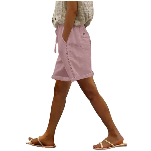 GigrtiJin Summer Cotton Linen Shorts for Womens Solid Color Elastic High Waisted Shorts Openwork Vacation Shorts with Pockets