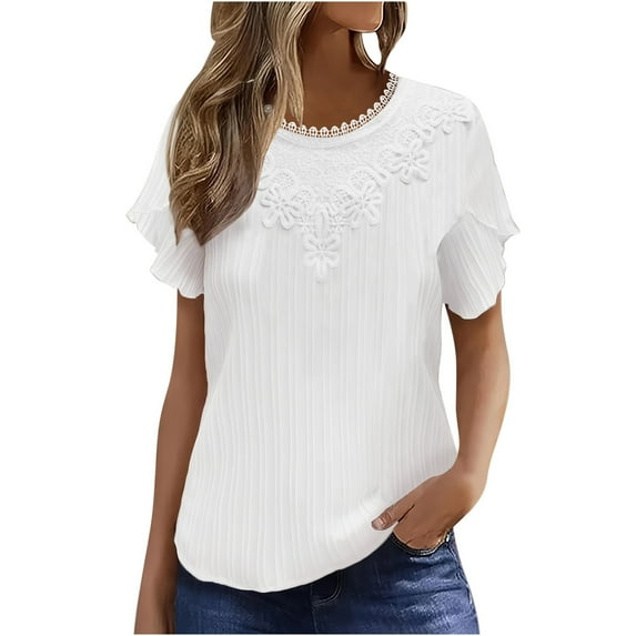 GigrtiJin Summer Elegant Tops for Women Dressy Casual Short Sleeve Blouse Round Neck Loose Fashion Pleated Shirts