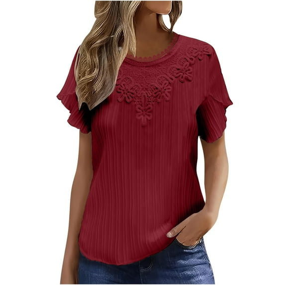 GigrtiJin Summer Elegant Tops for Women Dressy Casual Short Sleeve Blouse Round Neck Loose Fashion Pleated Shirts