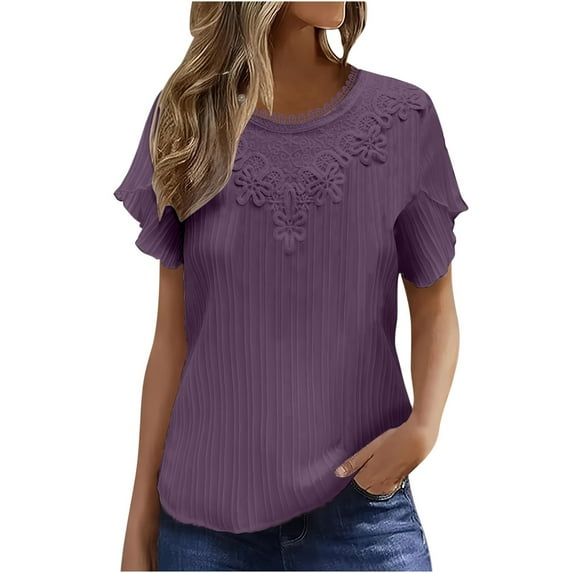 GigrtiJin Summer Elegant Tops for Women Dressy Casual Short Sleeve Blouse Round Neck Loose Fashion Pleated Shirts