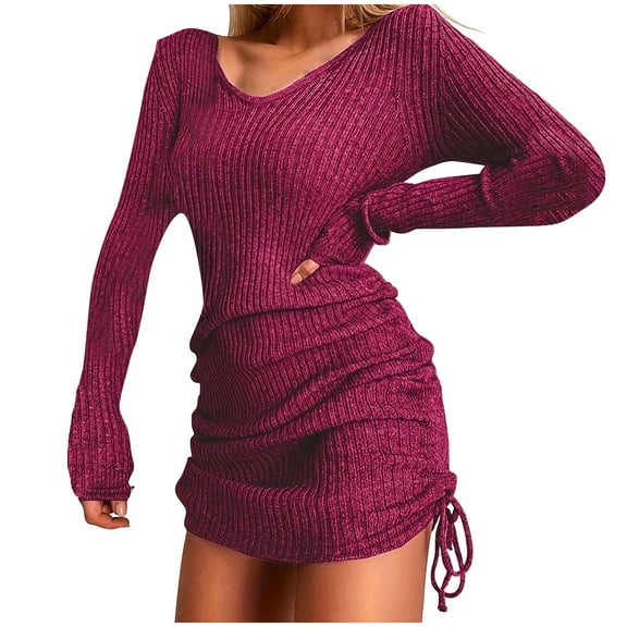 GigrtiJin Sweater Dress for Women V Neck Long Sleeve Sexy Drawstring Hem Dress Casual Ribbed Knitting Cotton Dresses