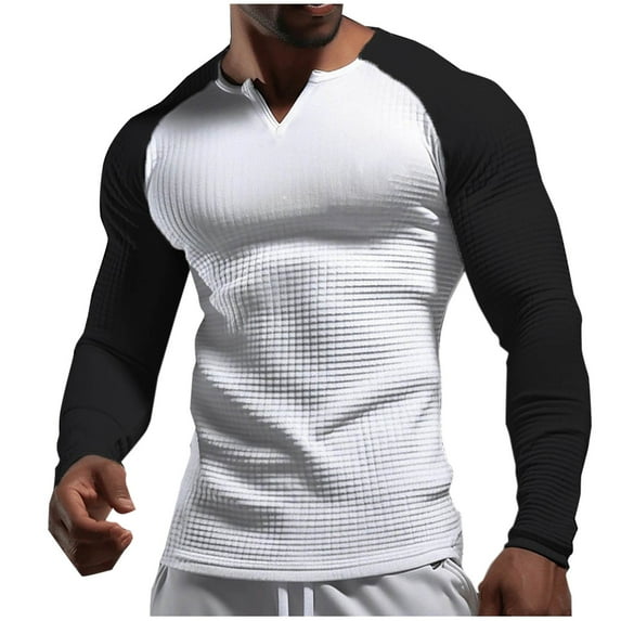 GigrtiJin Sweatproof Gym Shirt for Men Color Block V Neck Long Sleeve Tops Casual Breathable Athletic Blouse