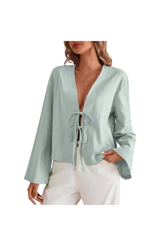 Tie Front Tops for Women V Neck Elegant Bow Lace up Shirts Long Sleeve Casual Fashion Loose Blouse