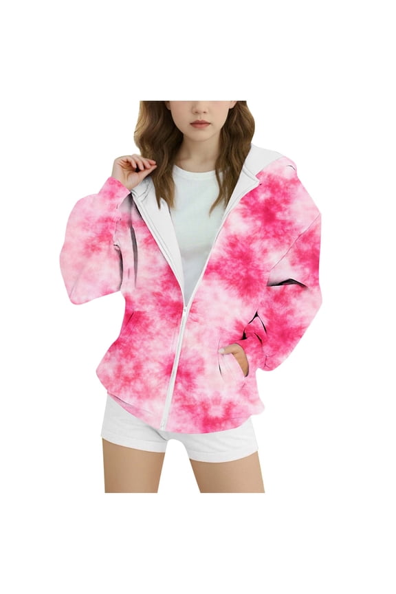 Toddler Childrens Jacket Tie Dye Printed Long Sleeve Hooded Zipper Pocket Outwear Trendy Casual Hoodies 4-15 Years