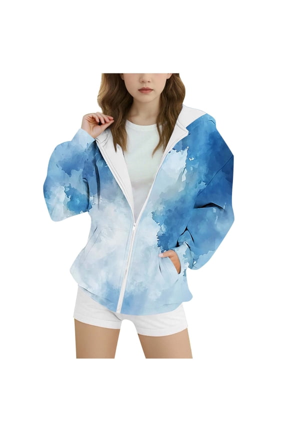 Toddler Childrens Jacket Tie Dye Printed Long Sleeve Hooded Zipper Pocket Outwear Trendy Casual Hoodies 4-15 Years