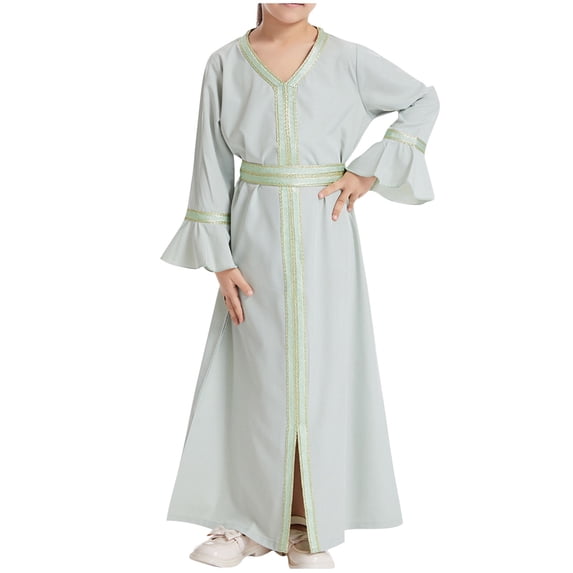 GigrtiJin Toddler Girls Muslim Maxi Dress Solid Color Cotton V Neck Flare Sleeve Slit Belt Dress Elegant Casual Dress 3-14 Years