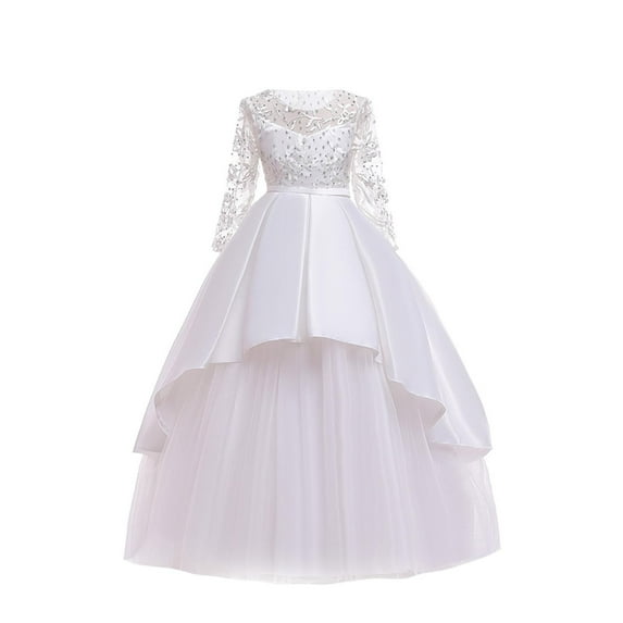 GigrtiJin Tulle Dress for Girls Solid Color Crew Neck Long Sleeve Floral Printed Hollow Lace Maxi Dress Banquet Vintage Princess Dress