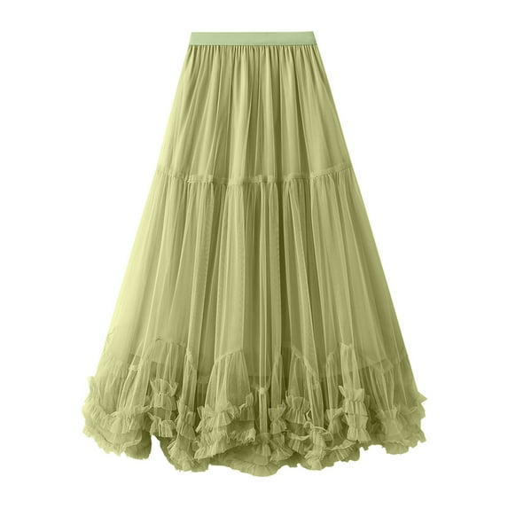 GigrtiJin Tulle Skirts for Women Casual Long Length Tiered Skirts a Line Mesh Elastic Waist Solid Color Flowy Skirt