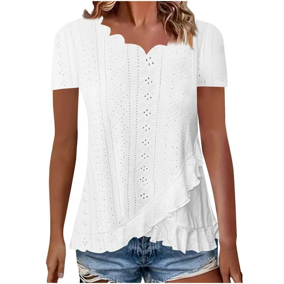 GigrtiJin Tunic Tops for Women Summer Loose Dressy Short Sleeve Cutout Lace V-Neck Wave Hem Dress Shirt Blouse