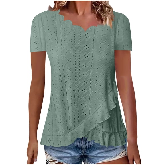 GigrtiJin Tunic Tops for Women Summer Loose Dressy Short Sleeve Cutout Lace V-Neck Wave Hem Dress Shirt Blouse