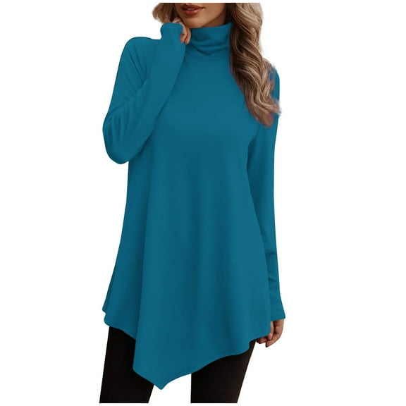 GigrtiJin Turtleneck Tunic Tops for Women Long Sleeve Asymmetrical Hem Blouses Dressy Casual Solid Color Pullover Shirts