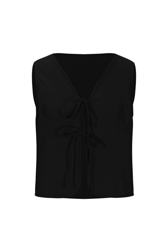 Vest for Women Cotton Linen Casual Tie Front V Neck Sleeveless Shirts Spring Fall Soft Comfy Crop Tank Top