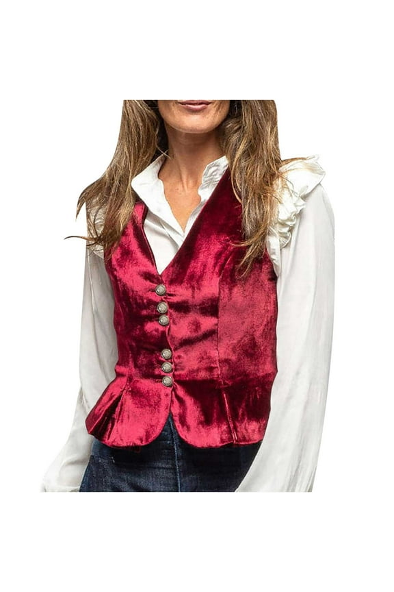 Vintage Velvet Vest for Womens V-Neck Sleeveless Cropped Waistcoat Casual Button down Solid Color Jacket Coats