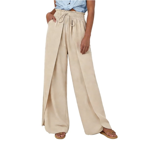 GigrtiJin Wide Leg Pants for Womens Summer Trendy Flowy Baggy Pants Elastic High Waisted Drawstring Beach Vacation Pants with Pockets