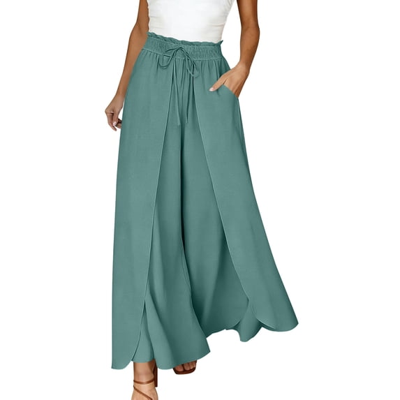 GigrtiJin Wide Leg Pants for Womens Summer Trendy Flowy Baggy Pants Elastic High Waisted Drawstring Beach Vacation Pants with Pockets