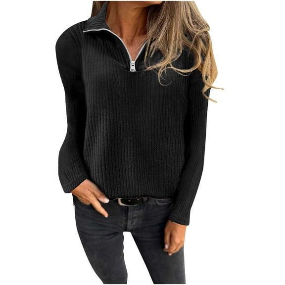GigrtiJin Women 1/4 Zipper Knitted Sweater Solid Color Lapel V-Neck Long Sleeve Blouse Plus Size Trendy Loose Casual Top