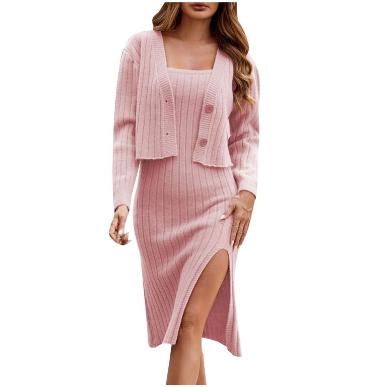GigrtiJin Women 2 Piece Knit Dress Long Sleeve Crop Sweater Coat High Slit  Ribbed Spaghetti Strap Midi Bodycon Dresses Set - Walmart.com