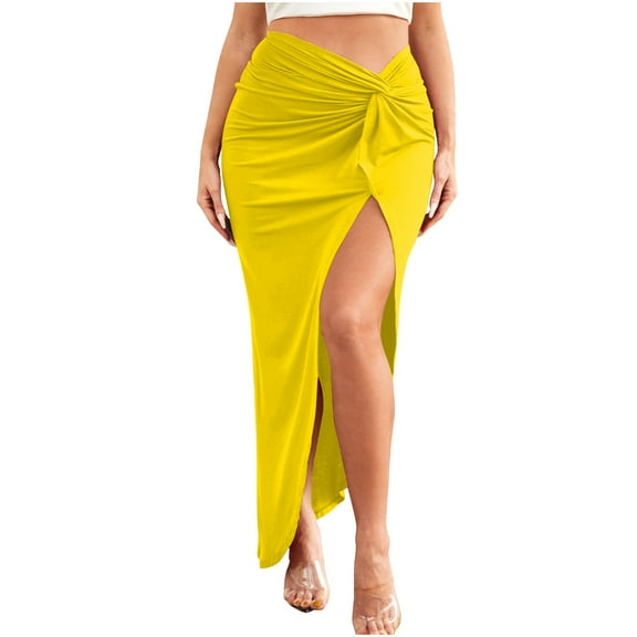 GigrtiJin Women Asymmetrical Maxi Skirt Bodycon Twisted Knot Front Ruched High Waist Skirt Side Split Beach Party Skirts