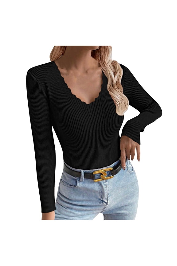 Women Basic Casual Sweater Solid Color Ribbed Wave V Neck Long Sleeve Blouse Trendy Versatile Tunic
