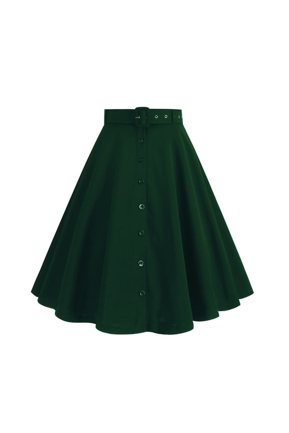 Women Button down Knee Length Skirt Fashion Vintage Spring Summer Solid Color Belt A-Line Skirts with Pockets