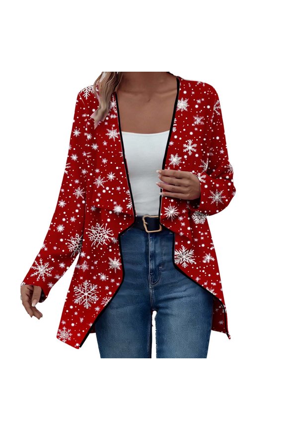 Women Cardigan Outwear Christmas Printed Long Sleeve Trendy Casual Outcoat Lightweight Loose Jacket