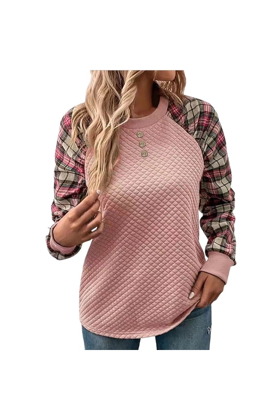 Women Casual Blouse Patchwork Quilted Crew Neck Plaid Printed Long Sleeve Button Tunic Tops