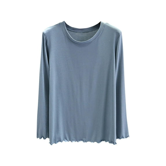 GigrtiJin Women Casual Comfy Tops Solid Color Wave Edge Crew Neck Long Sleeve Ruffle Shirt Basic Versatile Blouse