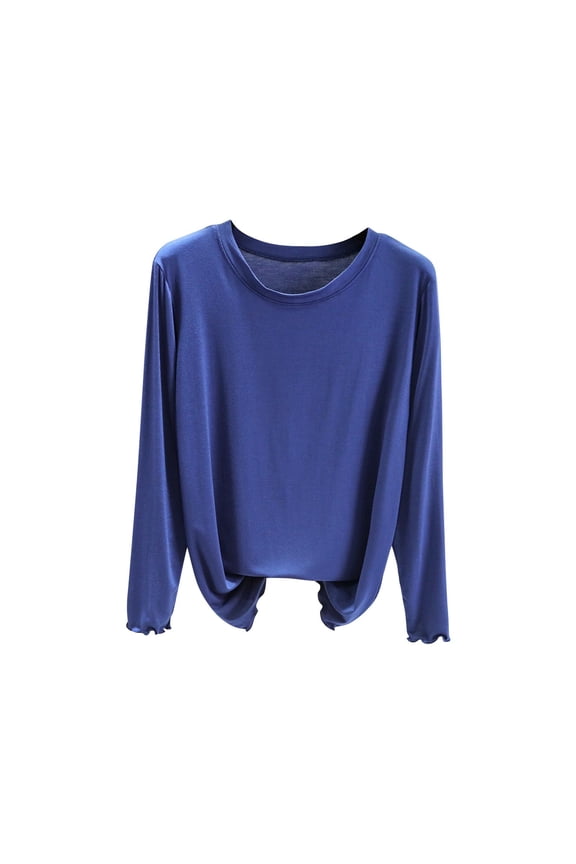 Women Casual Comfy Tops Solid Color Wave Edge Crew Neck Long Sleeve Ruffle Shirt Basic Versatile Blouse