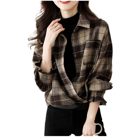 GigrtiJin Women Casual Jacket Plaid Printed Turndown Collar Button Down 3/4 Ruffle Sleeve Outcoat with Pocket