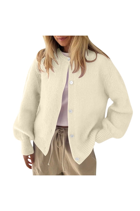 Women Casual Knitted Blouse Solid Color Button Down Crew Neck Long Sleeve Sweater Fall Winter Basic Thermal Tops