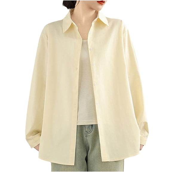 GigrtiJin Women Casual Outwear Jacket Solid Color Lapel Button Down Long Sleeve Outcoat Cotton Versatile Blouse