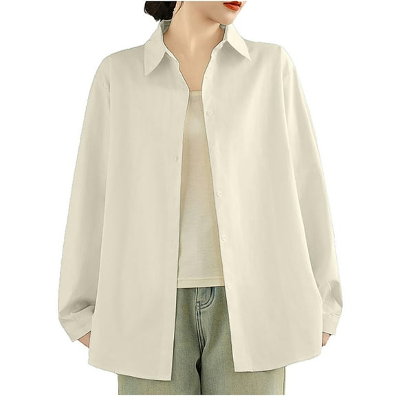 GigrtiJin Women Casual Outwear Jacket Solid Color Lapel Button Down Long Sleeve Outcoat Cotton Versatile Blouse
