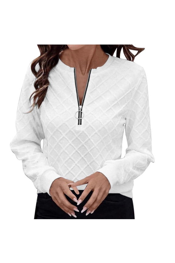 Women Casual Pullover Blouse White Quilted Crew Neck Long Sleeve Half Zipper Tunic Trendy Versatile Tops
