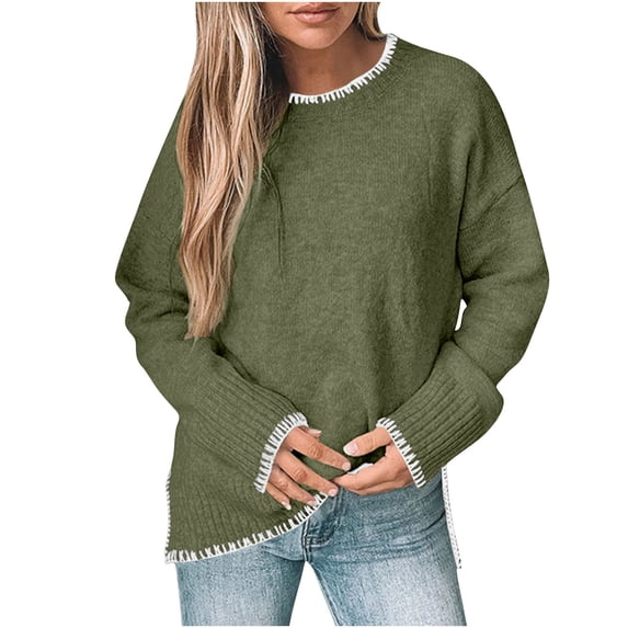 GigrtiJin Women Casual Pullover Sweater Solid Color Knitted Round Neck Long Sleeve Thermal Blouse
