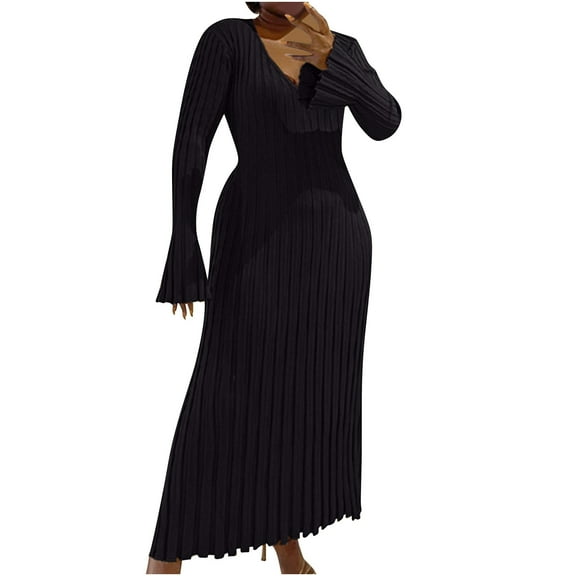 GigrtiJin Women Casual Ribbed Knit Dress Long Sleeve V Neck Casual Maxi Dress Long Sweater Fall Winter Plus Size Dress