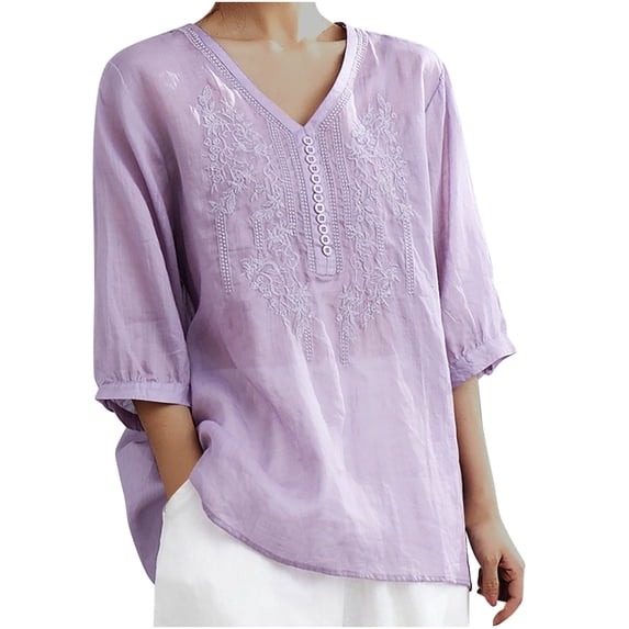 GigrtiJin Women Casual Shirts Summer Vintage Style V-Neck Embroidery Tunic Tops Solid Color Loose Comfy Blouses
