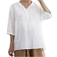 thumbnail image 1 of GigrtiJin Women Casual Shirts Summer Vintage Style V-Neck Embroidery Tunic Tops Solid Color Loose Comfy Blouses, 1 of 5