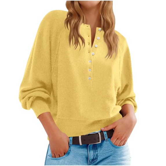 GigrtiJin Women Causal Pullover Knitted Sweater Solid Color Half Button 3/4 Sleeve Blouse Trendy Lightweight Tunic Tops