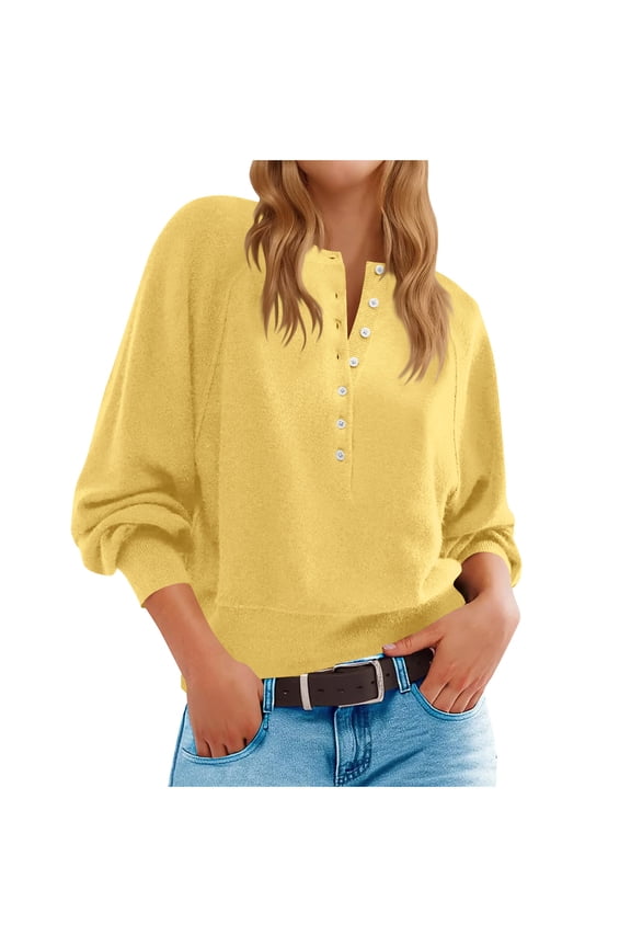 Women Causal Pullover Knitted Sweater Solid Color Half Button 3/4 Sleeve Blouse Trendy Lightweight Tunic Tops