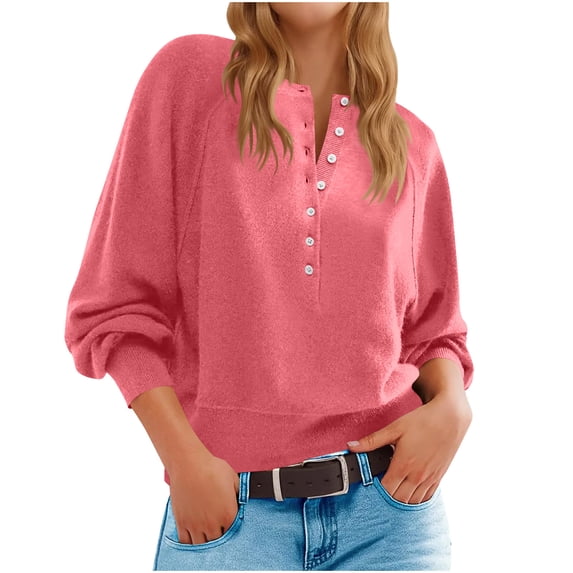 GigrtiJin Women Causal Pullover Knitted Sweater Solid Color Half Button 3/4 Sleeve Blouse Trendy Lightweight Tunic Tops