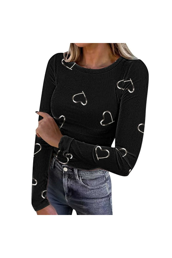Women Comfy Trendy Blouse Black Heart Printed Ribbed Round Neck Long Sleeve Tees Outdoor Casual Tunic Tops